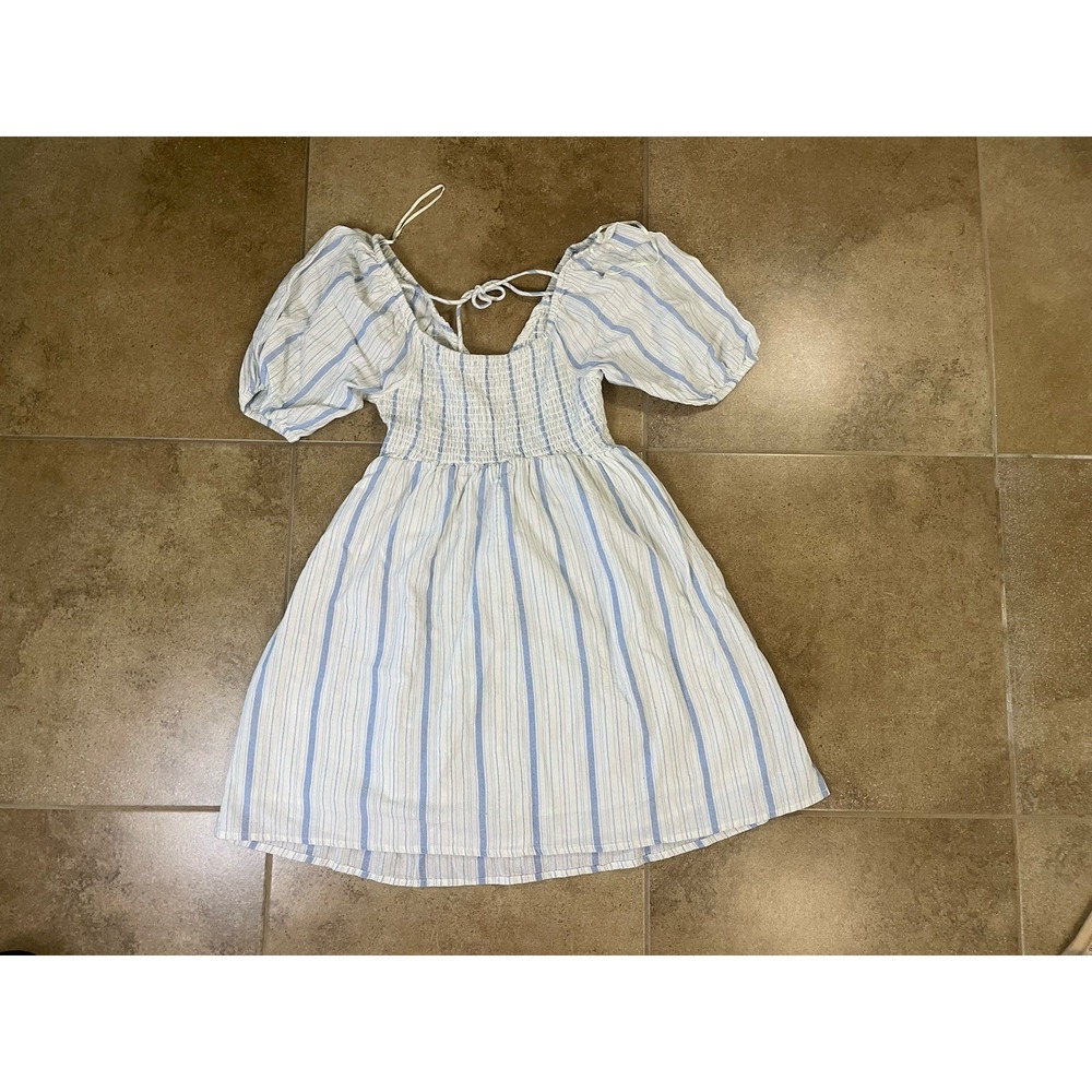 NWT Cotton On Poppy Shirred Puffed Sleeve Mini Dress Women's Sz S Blue Striped